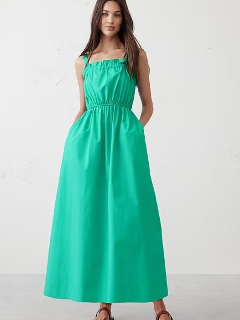 Banana Republic Sleeveless Aqua Poplin Elastic Gather Midi Dress Misses Size L